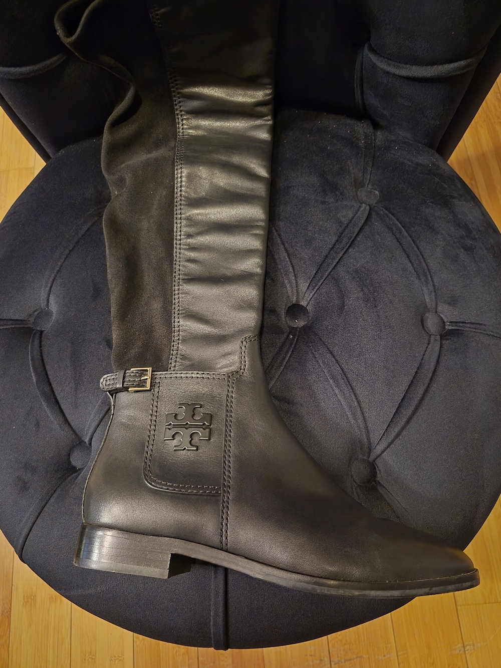 Tory Burch Black Leather & Suede Knee-High Riding Boots